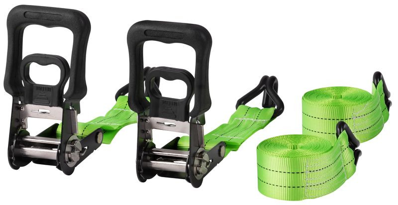 Rögzítő heveder, Strend Pro, zöld, hosszúság: 600 cm, szélesség: 5 cm, teherbírás: 960 kg, racsnis, 2 db-os csomag