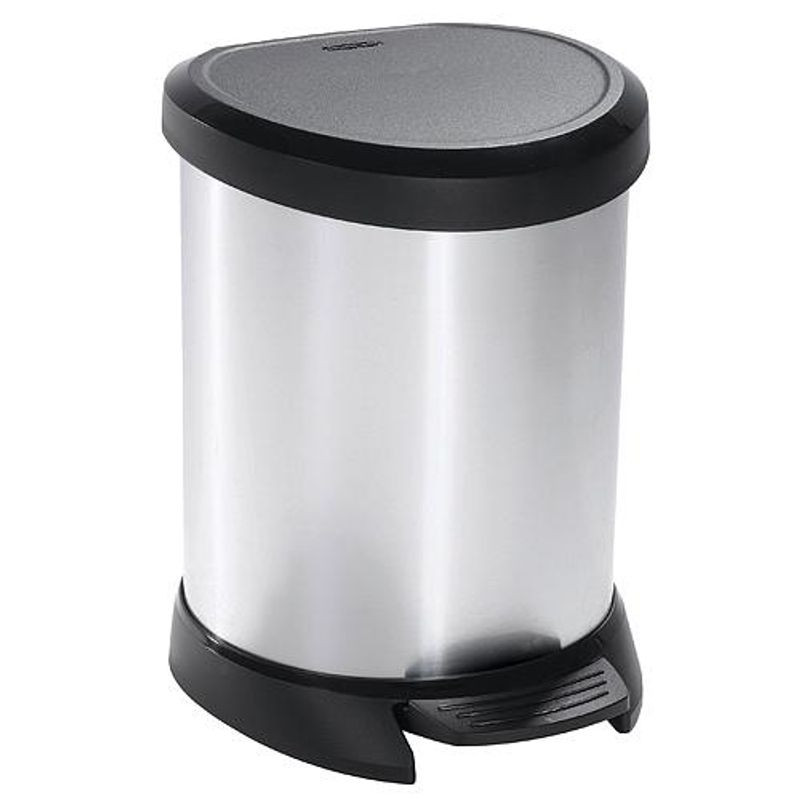 Szemeteskuka, Curver Deco Bin, 15 l, ezüst/fekete, pedálos, ujjlenyomatmentes, műanyag, fémhatású