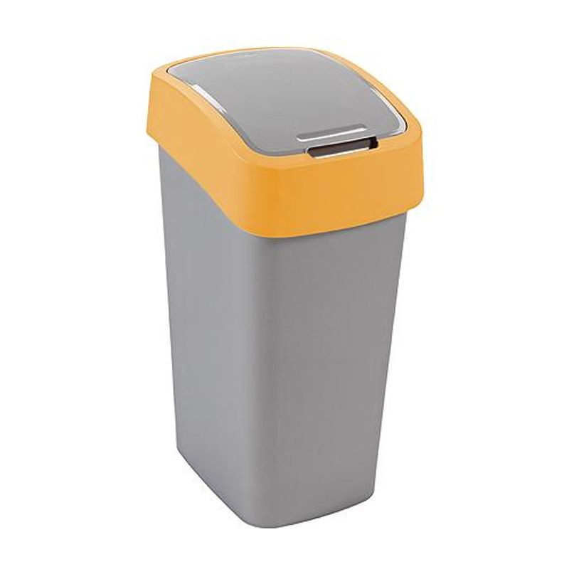 Szemeteskuka, Curver Flip Bin, 50 l, ezüstszürke/sárga, kézi nyitású, csuklós fedelű, műanyag, praktikus