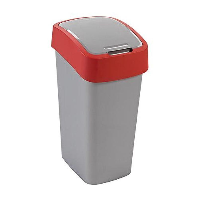 Szemeteskuka, Curver Flip Bin, 50 l, ezüstszürke/piros, kézi nyitású, csuklós fedelű, műanyag, praktikus