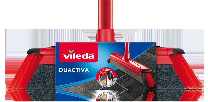 Seprű, Vileda DuActiva, fém nyéllel, 130 cm, piros-fekete, habszivacsos porfogó fejjel