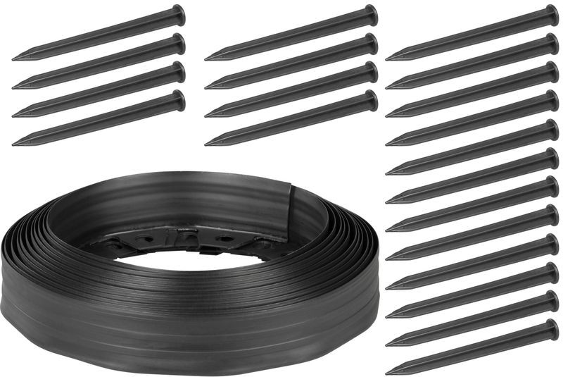 Gyepszegély, Strend Pro Garden, fekete, 10 m, 60 mm magas, hajlékony és formázható, 20 rögzítőtüskével