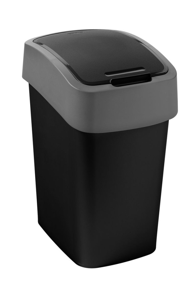 Szemeteskuka, Curver Pacific Flip Bin, 45 l, fekete/szürke, 37,6 x 29,4 x 65,3 cm, műanyag, csuklós fedél, kézi nyitás