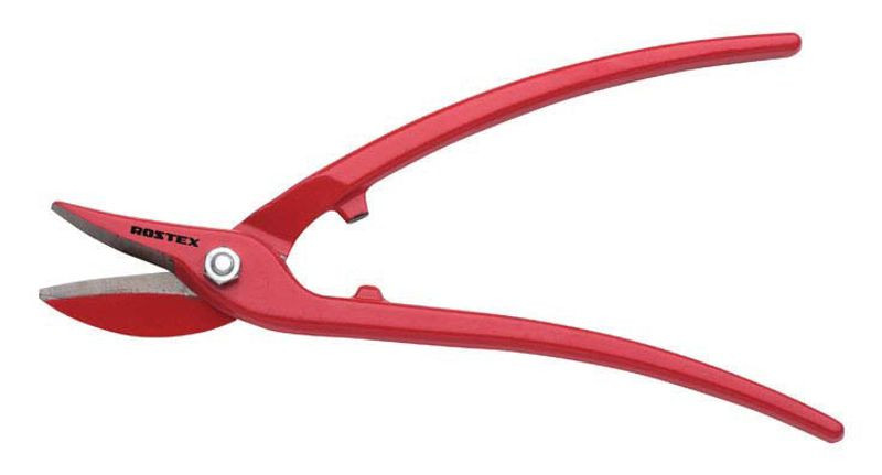 Lemezvágó olló, Rostex 2344, piros, 250 mm, acél test, acél penge, fémlemezhez, maximum 10 mm átmérő
