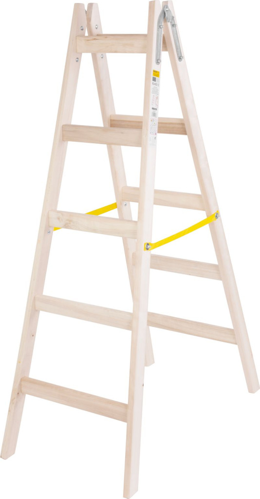 Kétrészes létra, Strend Pro, 2 x 5 fokos, fa, 160 cm, 150 kg teherbírás, kétoldalas kivitel, vödörtartó kampóval, horganyzott fém részek