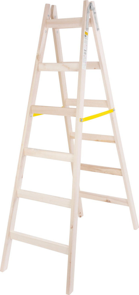 Kétrészes létra, Strend Pro, 2 x 6 fokos, fa, 190 cm, 150 kg teherbírás, kétoldalas kivitel, vödörtartó kampóval, horganyzott fém részek