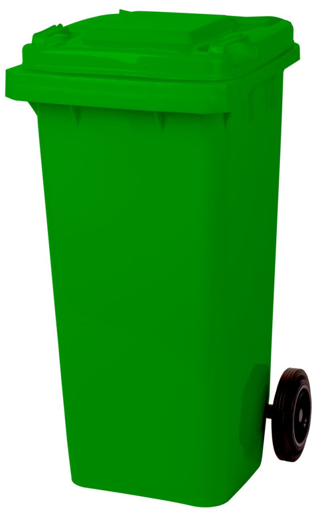 Műanyag hulladéktároló kültéri kuka, Extra erős, UV-álló, kerékkel, nyitható tetővel, Strend Pro - 120 l zöld