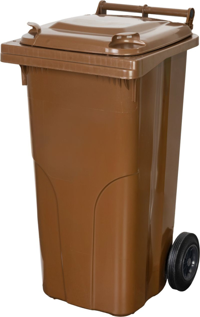 Műanyag hulladéktároló, szelektív kültéri kuka, Extra erős, UV-álló, kerékkel, nyitható tetővel - 120 l barna
