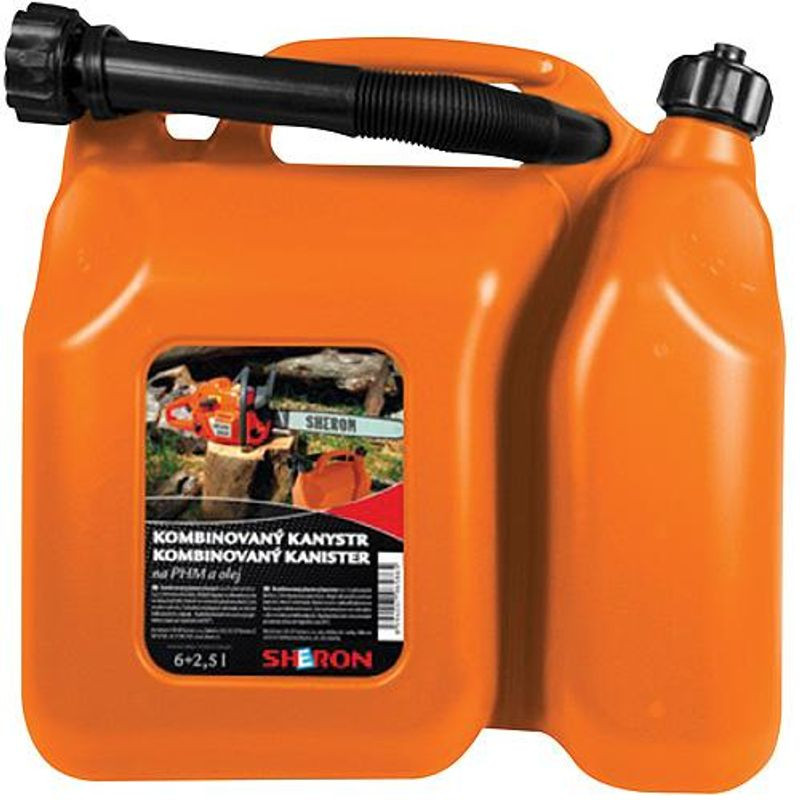 Üzemanyag és olajkanna, Sheron, 6 l + 2,5 l, narancssárga, műanyag, két rekeszes, hordozható, praktikus