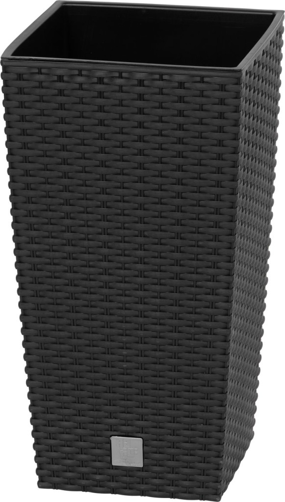 Rattan virágcserép, Prosperplast Rato Square 225, fekete, 22,5 x 22,5 cm, magasság: 42,1 cm, betéttel, 8 / 16,3 l, rattan hatású, négyzetes