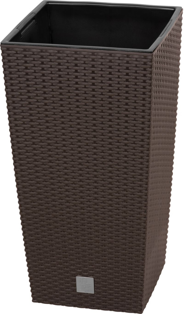 Rattan virágcserép, Prosperplast Rato Square 325, barna, 32,5 x 32,5 cm, magasság: 61 cm, betéttel, 21 / 49 l, rattan hatású, négyzetes