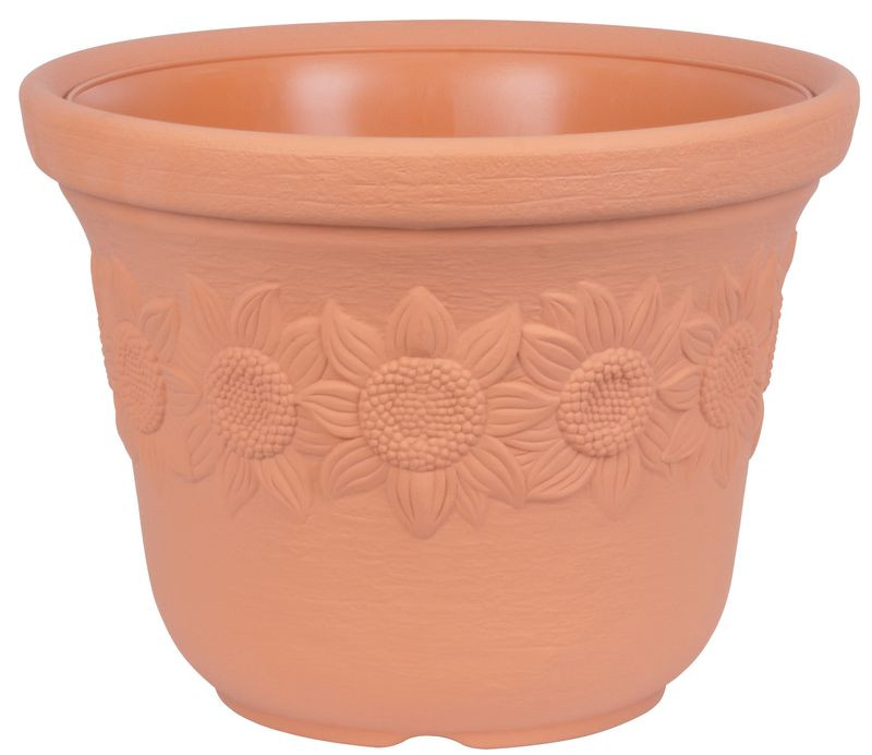 Műanyag virágcserép, Prosperplast Sunny, terrakotta, átmérő: 40 cm, magasság: 30,7 cm, napraforgó minta, 22 l, kerek