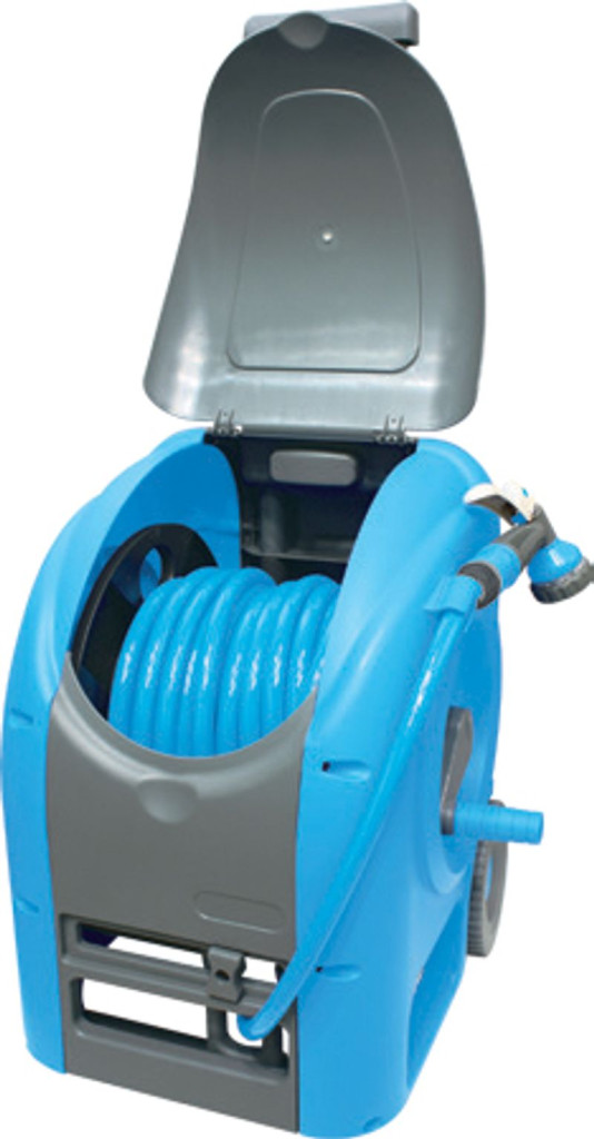 Kerti tömlődob, Aquacraft 990081 Deluxe Compact, kék, tömlővel, 1/2", 30 m, szórópisztollyal, csatlakozókkal, kézi hajtókar, teleszkópos fogantyú, kerekes