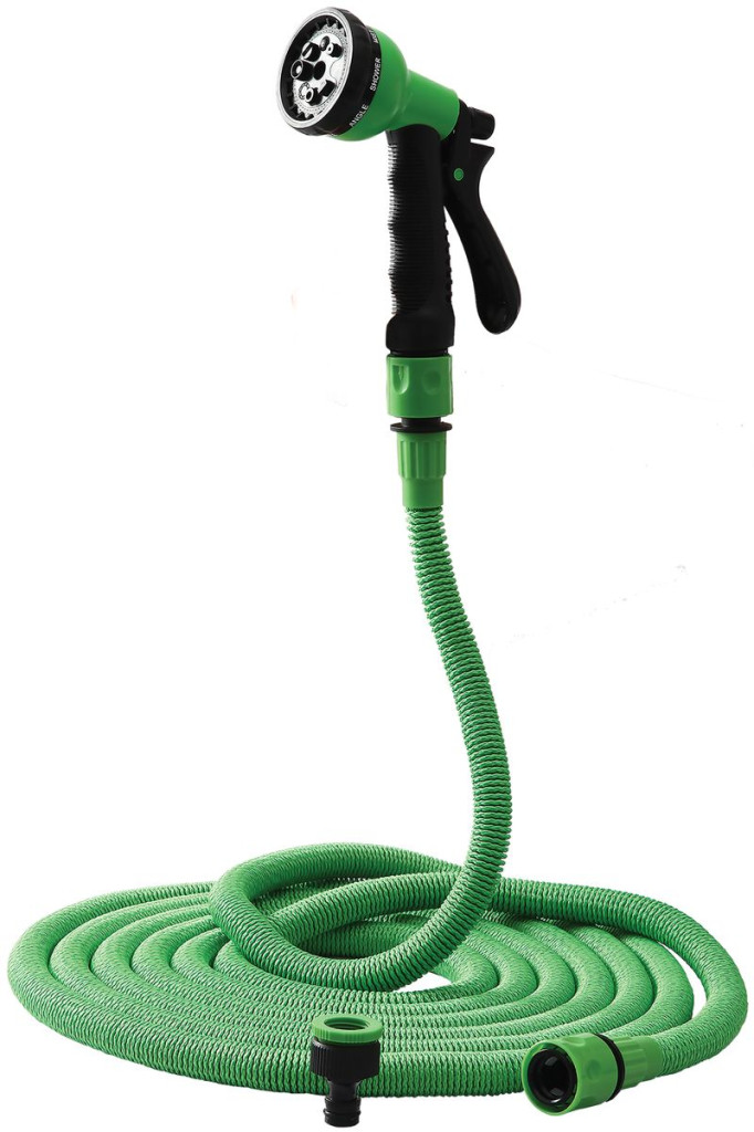 Kerti locsolótömlő, Strend Pro Garden Flexi NX1-050, zöld, 1/2" - 3/4", 5–15 m, flexibilis, nyújtható, szórópisztollyal, latex belső cső, textilborítás, önnyúló-összehúzódó technológia