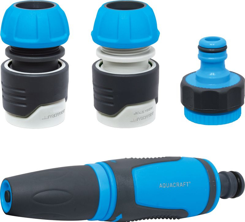 Kerti locsolófej, Aquacraft 550390 SoftTouch, kék/fekete, 1/2", tekerhető, állítható vízáram, kerti öntözéshez, műanyag, csatlakozókkal