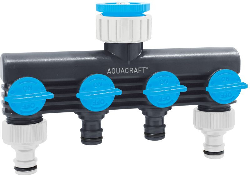 Kerti tömlőelosztó, Aquacraft 550634 Multi E, fekete, műanyag, 4 utas, különálló szelepekkel, kerti locsoláshoz és öntözőrendszerhez, 1 bemenet - 4 kimenet (256614)