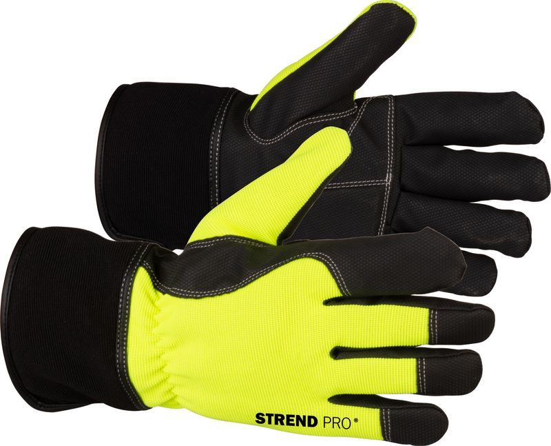 Téli védőkesztyű, Strend Pro Gratus Winter, fekete/sárga, méret: 09/L, bélelt 3M Thinsulate szigetelés, vízálló, megerősített tenyér, EN 388 és EN 511, 1 pár