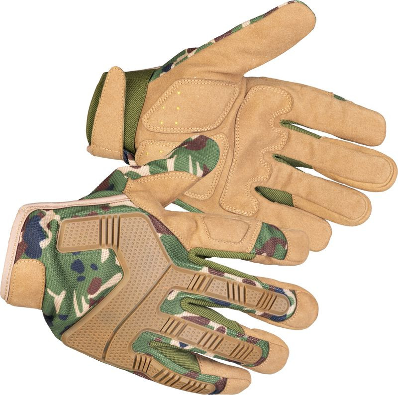 Védőkesztyű, Strend Pro Camo, zöld/barna, méret: 10/XL, terepmintás, mikroszálas műbőr, poliészter háló, 1 pár