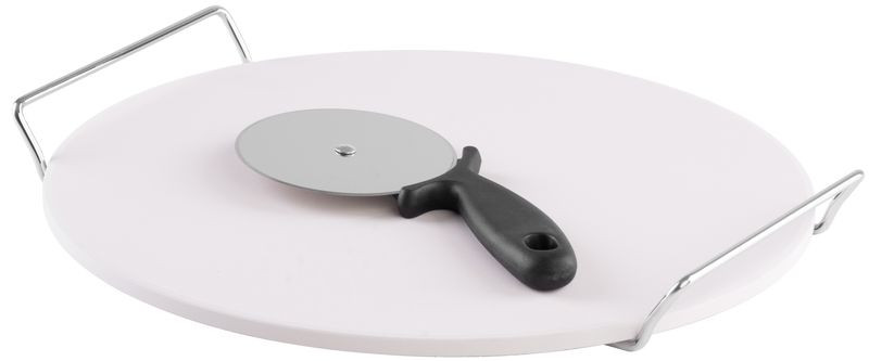 Pizza sütőkő, MagicHome, 33 cm, kordierit, krómozott tartóval, pizzavágóval, sütőbe és grillbe, akár 800 °C-ig hőálló