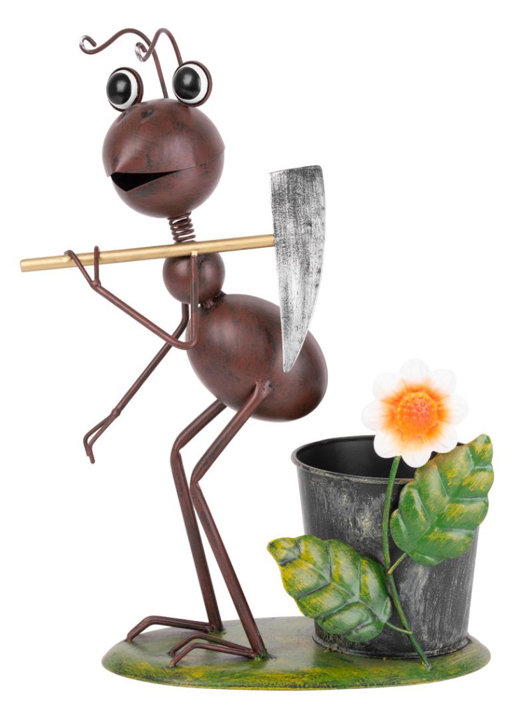 Kerti dekoráció, MagicHome Mecco, hangya kapával, barna, 28 x 16 x 40 cm, fém, egyben virágtartó is (8090816)