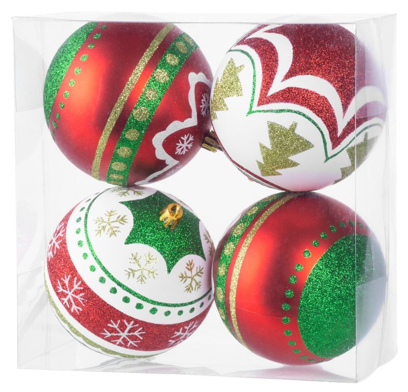 Gömbök MagicHome Karácsony, 4 db, piros - zöld, ornamentikával, karácsonyfára, 10 cm
