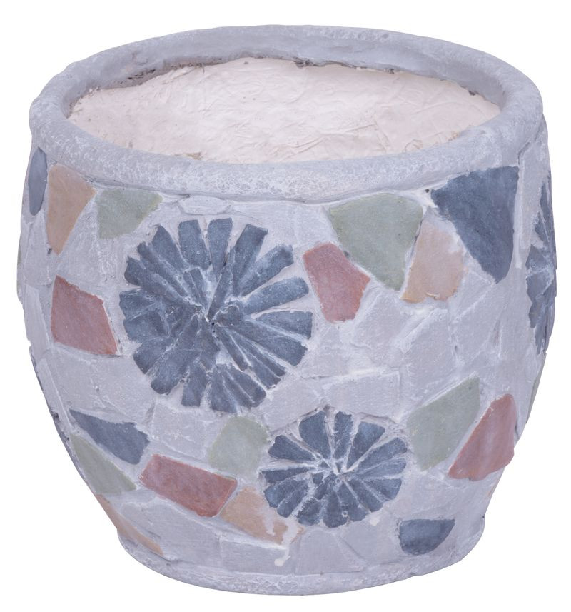 Kerámia virágcserép, MagicHome, szürke, mozaikkal díszített, átmérő: 22 cm, magasság: 19 cm, kézzel kirakott minták, kerek