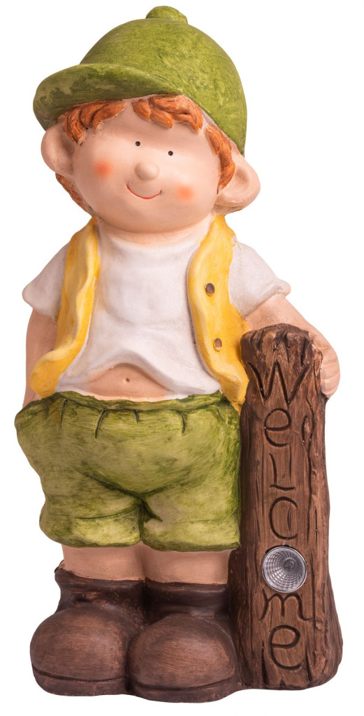 Kerti dekoráció, MagicHome, kisfiú szolár LED táblával, barna, 24 x 18 x 49 cm, kerámia
