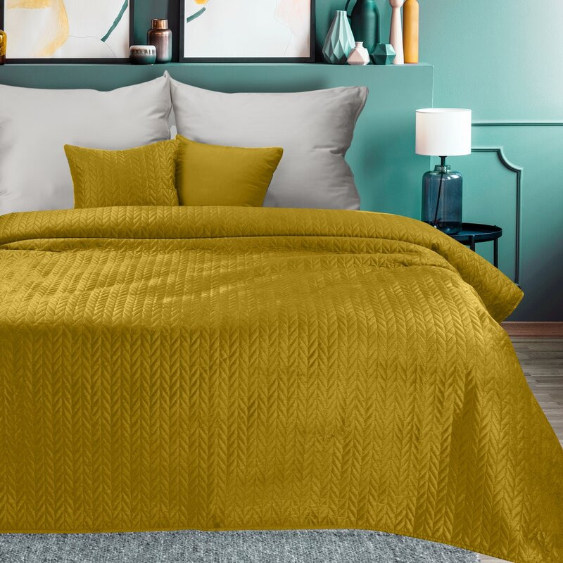 Luiz4 bársony ágytakaró halszálka mintával Mustársárga 170x210 cm